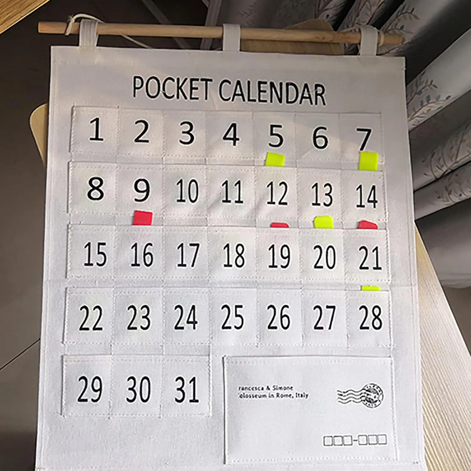 Monthly Calendar Pocket, Practical Phones Calendar Pocket Chart, Cotton and Linen Morning Check Classroom Pocket with Chart Calendar, Wall Hanging Organizer for Classroom Bedroom (Large 31 Pockets)