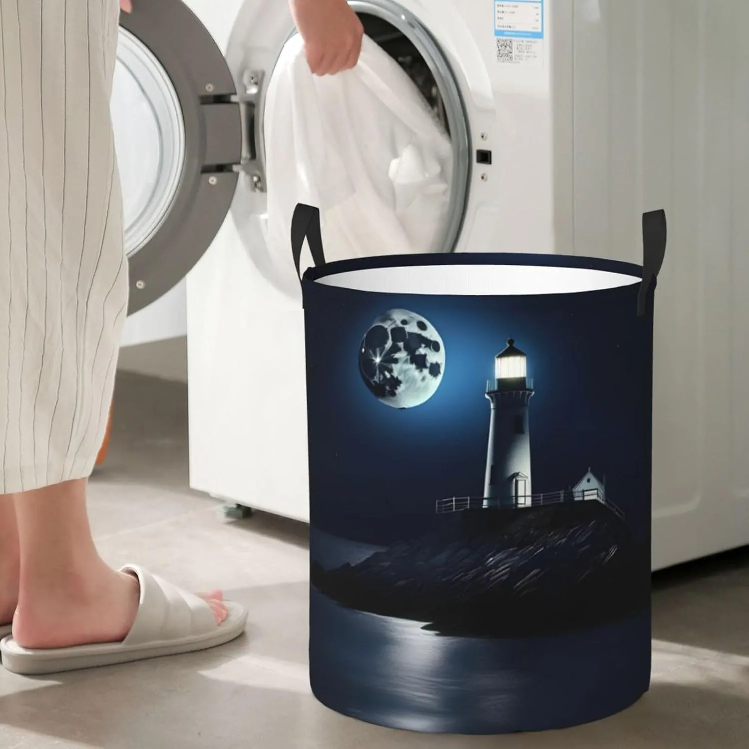 Moonlight Lighthouse Large Laundry Hampers, Collapsible Tall Clothes Baskets, Washing Bag For Bathroom, Bedrooms