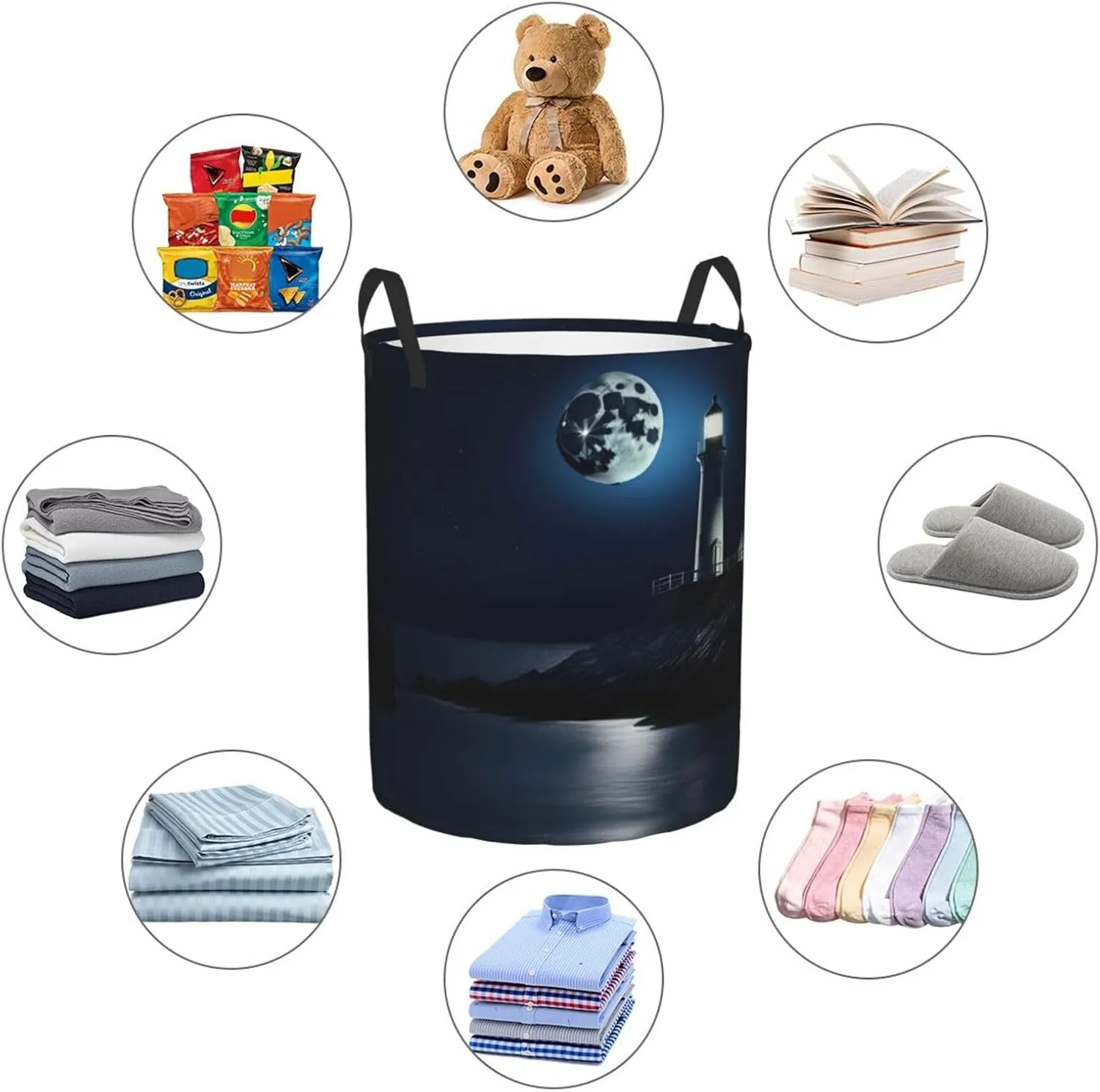 Moonlight Lighthouse Large Laundry Hampers, Collapsible Tall Clothes Baskets, Washing Bag For Bathroom, Bedrooms