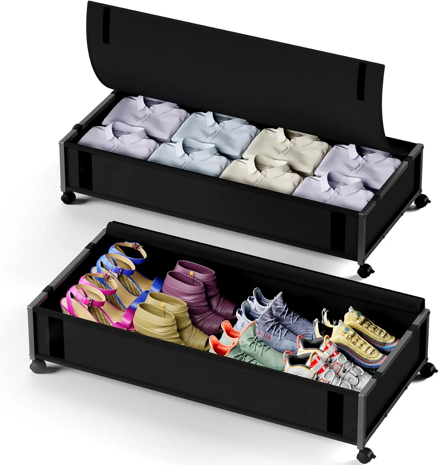 Mr IRONSTONE 60L Large Under Bed Storage with Wheels and Lid, 36'' Lengthen Underbed Storage Containers, Rolling Under Bed Storage Bins Support Up to 80LBS, Metal Under Bed Organizer for Shoes Clothes