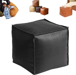 MUGUOY Stuffable Cushion Bag, 16 Inch Faux Leather Floor Footrest Cushion Storage Bag, Oil Waxed Leather Cube Bean Bag Ottoman, Store Idle Clothes,Plush Toy, for Living Bedrooms (Black)