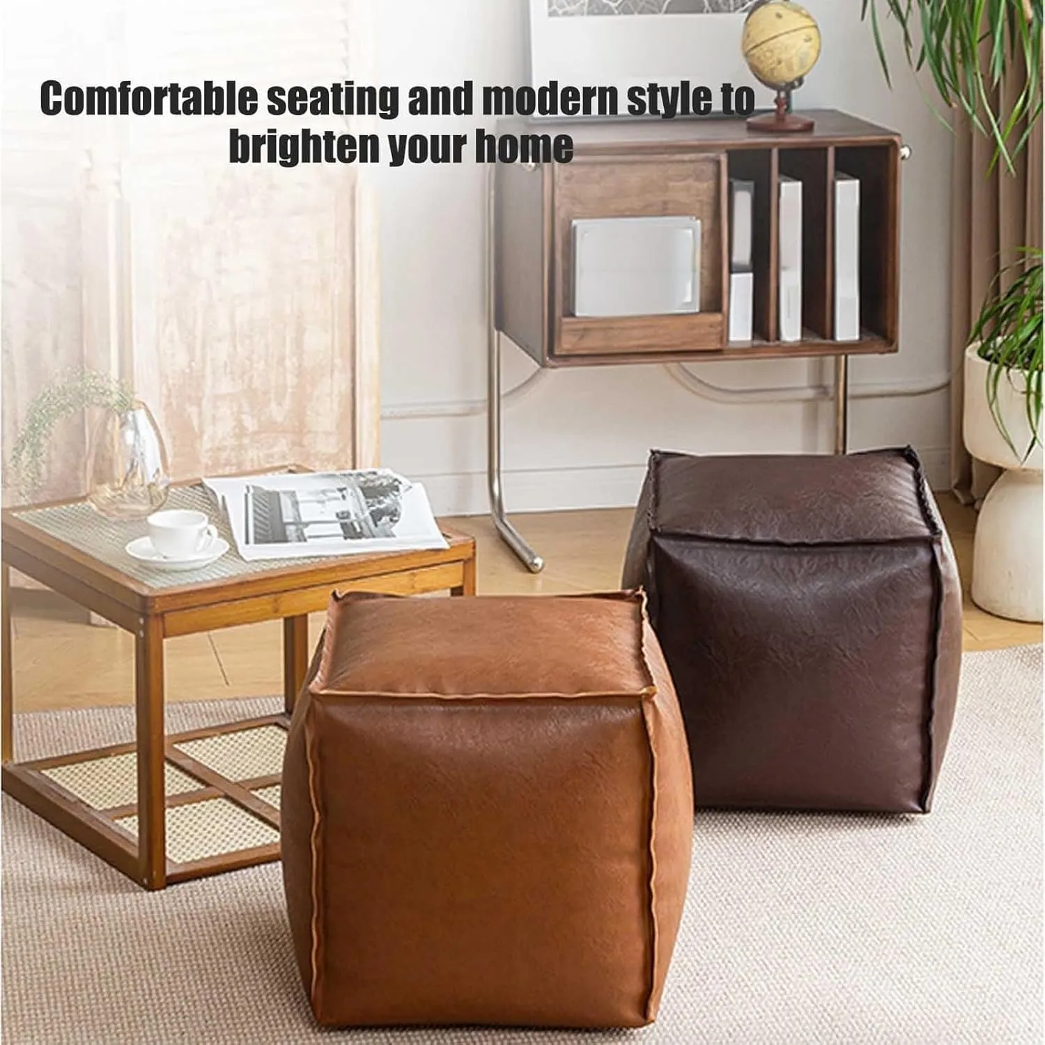 MUGUOY Stuffable Cushion Bag, 16 Inch Faux Leather Floor Footrest Cushion Storage Bag, Oil Waxed Leather Cube Bean Bag Ottoman, Store Idle Clothes,Plush Toy, for Living Bedrooms (Black)
