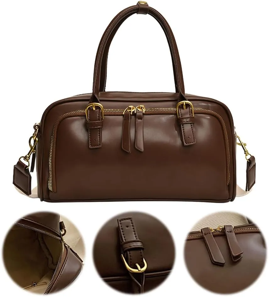 Multi-Pocket Bowling Bag Hobo Boston Tote Shoulder Bag for Women PU Leather Top Handle Bag for Work Travel