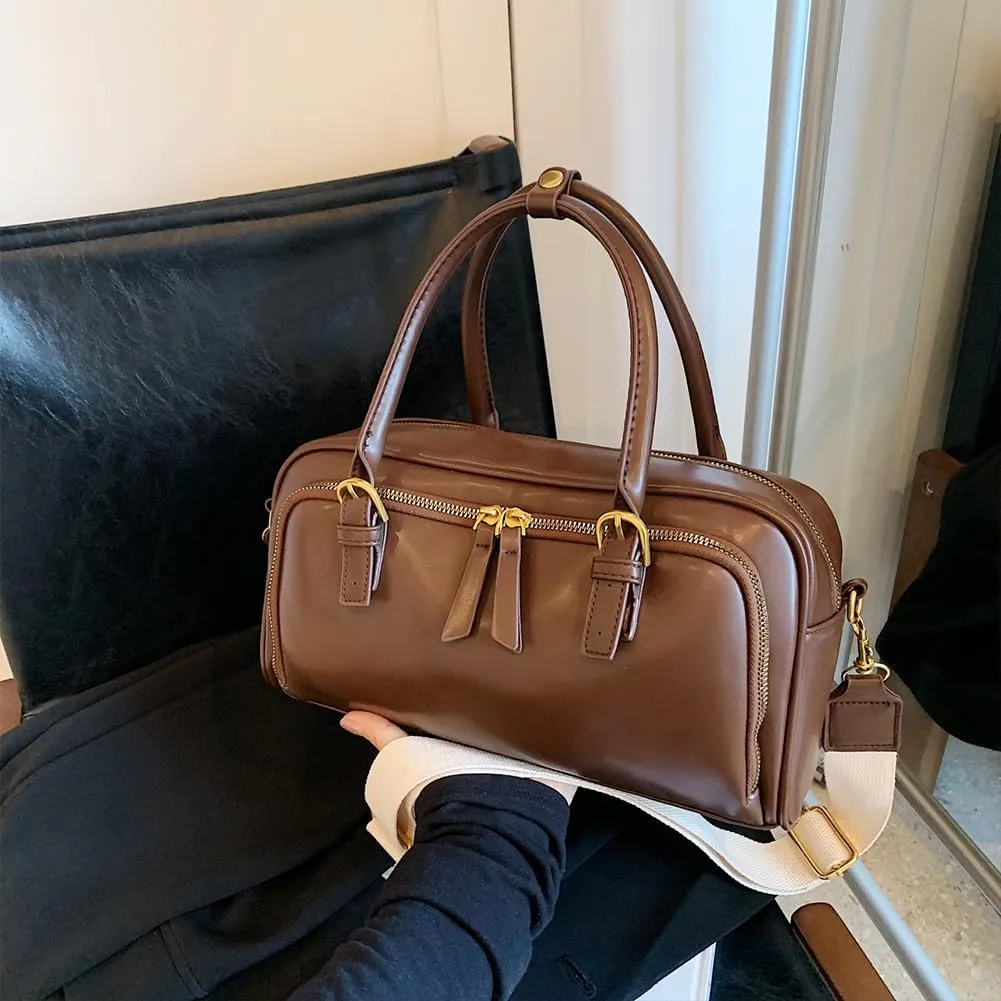 Multi-Pocket Bowling Bag Hobo Boston Tote Shoulder Bag for Women PU Leather Top Handle Bag for Work Travel