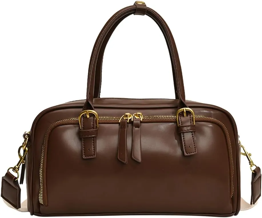 Multi-Pocket Bowling Bag Hobo Boston Tote Shoulder Bag for Women PU Leather Top Handle Bag for Work Travel
