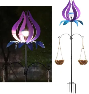 Multifunction Solar Wind Spinner Outdoor with Shepherd Hooks MANORTANG 83 Inch Metal Large Landscape Light Double Coconut Basket LED Windmill Outdoor Decoration for Yard Garden Lawn Patios (Purple)
