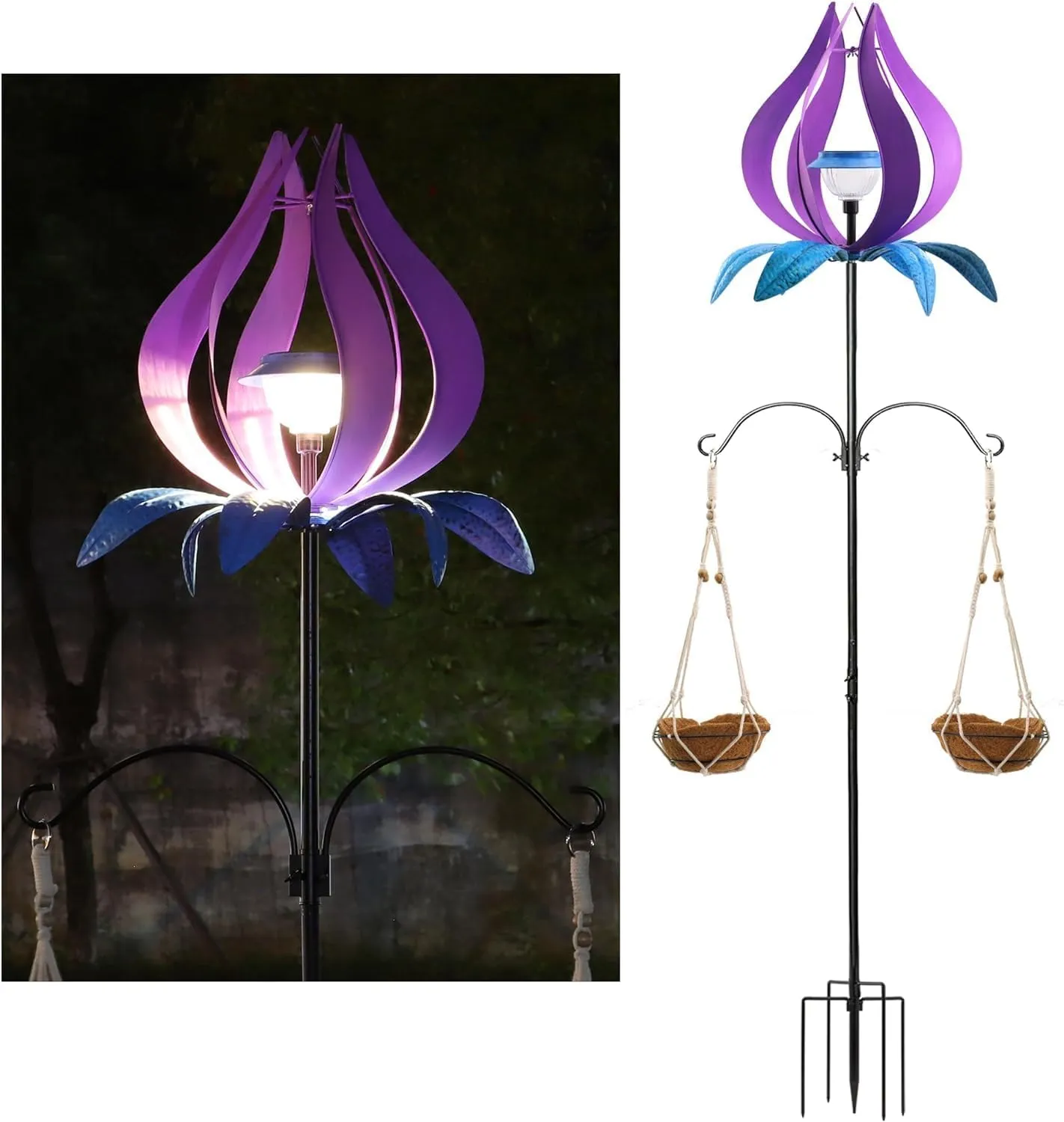 Multifunction Solar Wind Spinner Outdoor with Shepherd Hooks MANORTANG 83 Inch Metal Large Landscape Light Double Coconut Basket LED Windmill Outdoor Decoration for Yard Garden Lawn Patios (Purple)