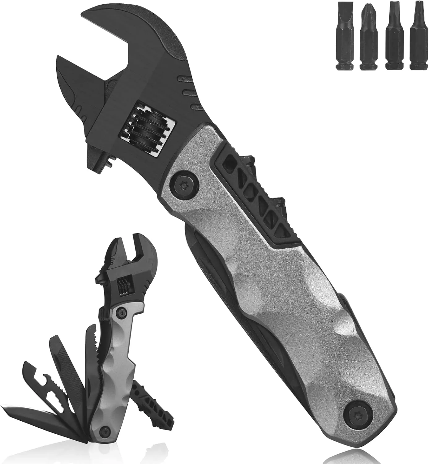 Multitool Wrench, Adjustable Wrench with Flathead Phillips Screwdriver, Nail File, Bottle Can Opener, Screwdriver reservoir, Multifunctional Purpose Stainless Steel Tool (grey)