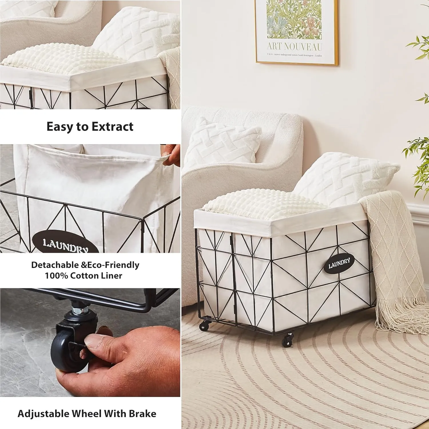 Mxfurhawa Collapsible Laundry Hamper with Wheels,Capacity and Removable Liner, Sturdy Metal Frame for Clothes Storage and Transport (160L-LA-Black)