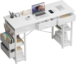 MXV 47" White Computer Desk with Fabric Drawers & Storage Shelves, Small Office Desk, Home Office Desk, Study Writing Table, Makeup Vanity Table, Laptop Desk with Side Bag, 47"x16"