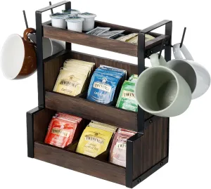 MyGift 3 Tier Tabletop Tea Bag and Teacup Storage Stand, Rustic Burnt Solid Wood 6 Compartment Organizer with Top Shelf, Black Metal Frame and 4 Mug Holder Hooks