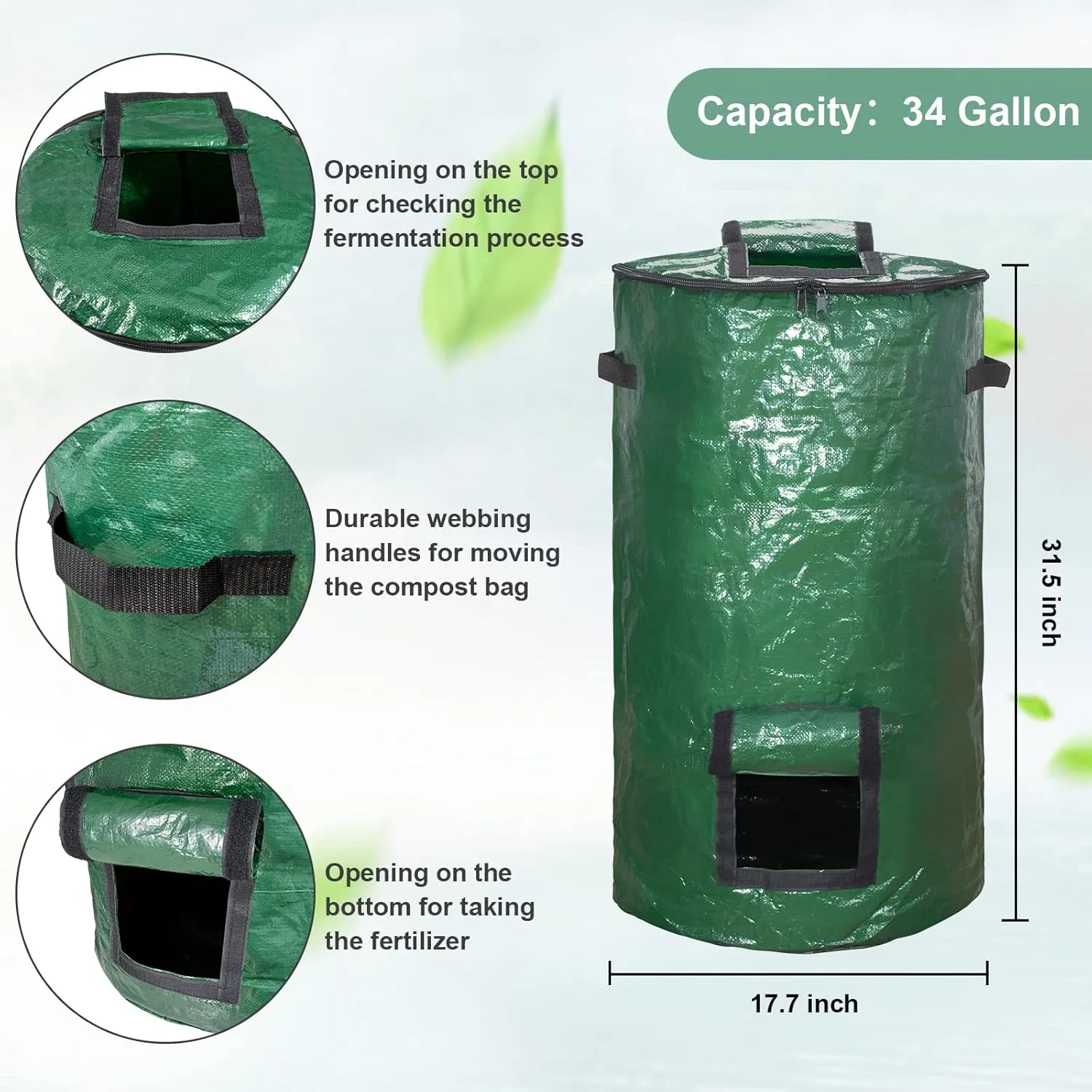 MyLifeUNIT Compost Bins Outdoor, Composting Bin for Outside Garden, Reusable Garden Yard Waste Bag, 34 Gallon (1 Pack, Green)