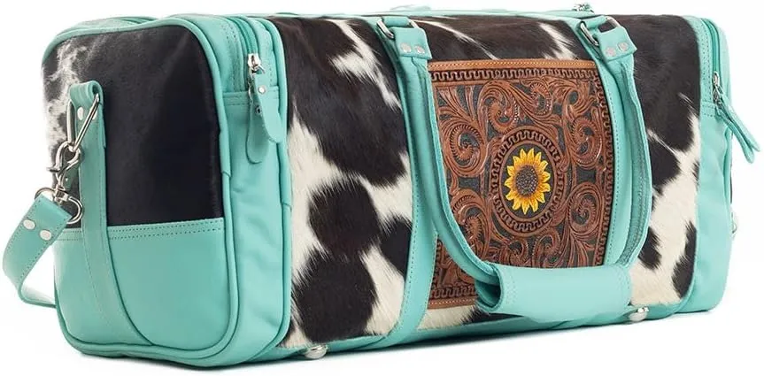 Myra Bag Western Leather Duffle Bag for Women - Upcycled Hairon Shoulder Travel Bag Teal, S-9527