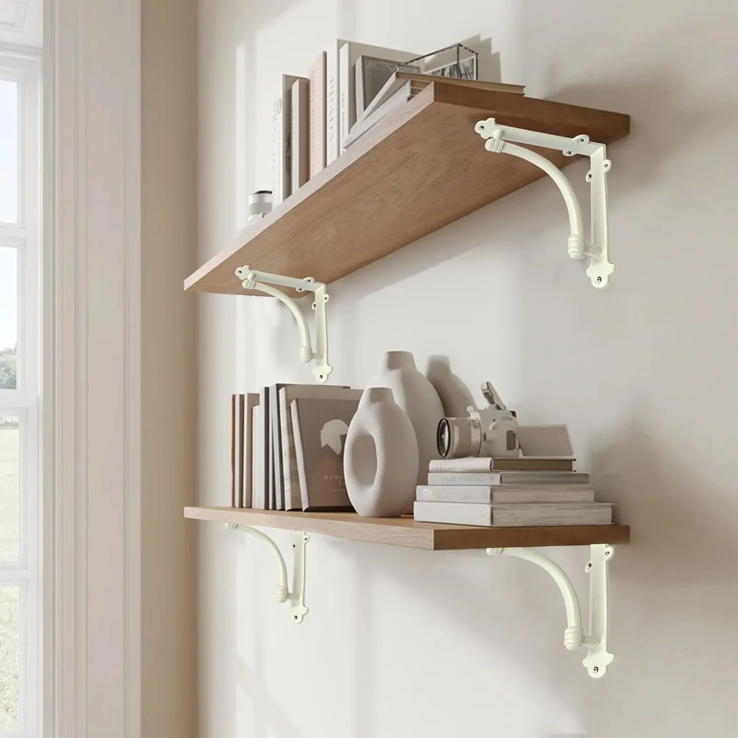 NACH Decorative Shelf Brackets, 2 Pack of 7 x 1.5 x 7 inch White Cast Iron Shelf Brackets - Decorative Brackets White - Half Round Style Brackets