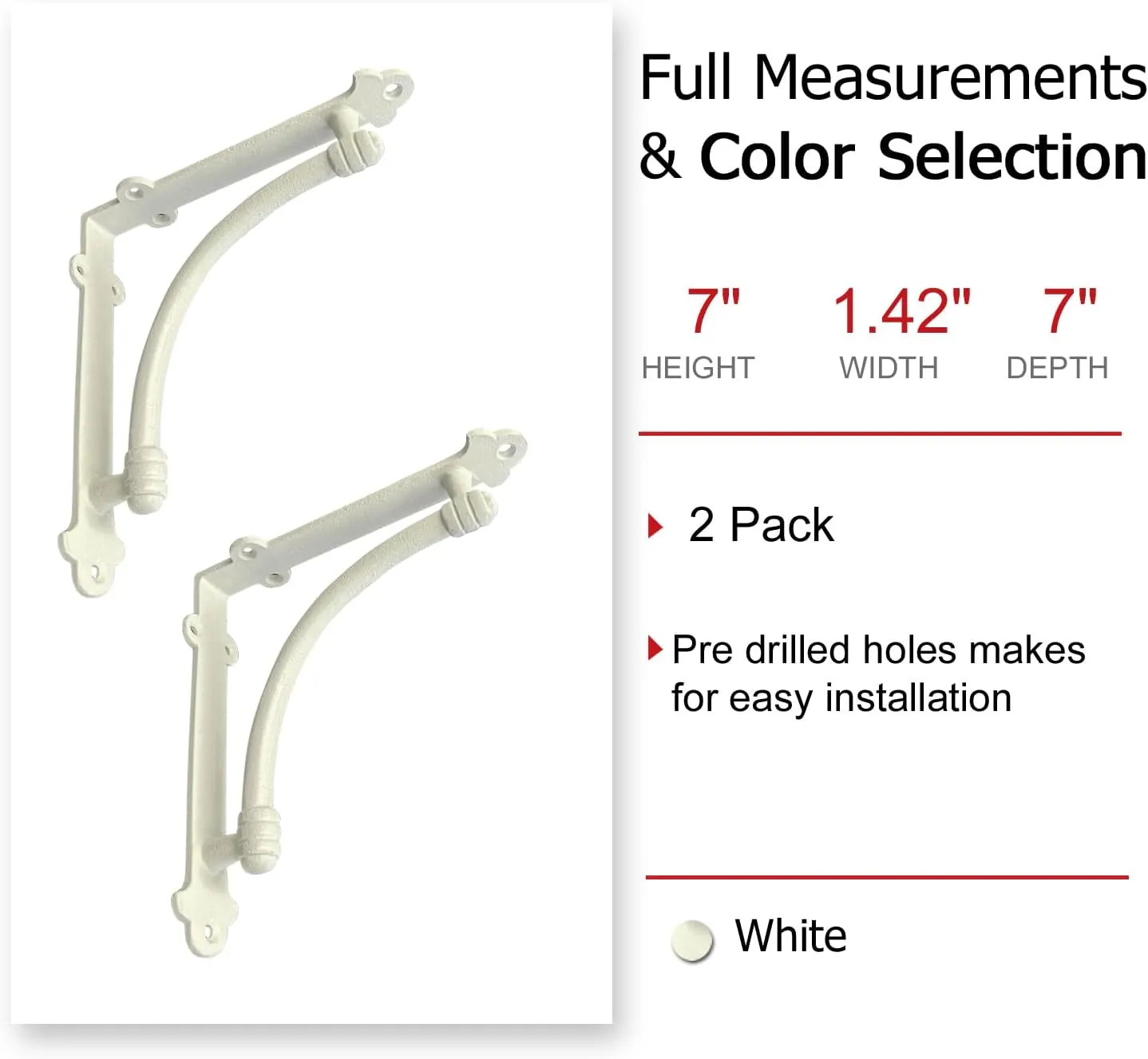 NACH Decorative Shelf Brackets, 2 Pack of 7 x 1.5 x 7 inch White Cast Iron Shelf Brackets - Decorative Brackets White - Half Round Style Brackets