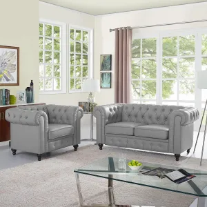Naomi Home Chesterfield Sofa Set Living Room Chair Juegos Leather Couch Sofa Chair for Bedroom Modern Chesterfield Tufted Leather Sofas for Living Room Loveseat Accent Gray