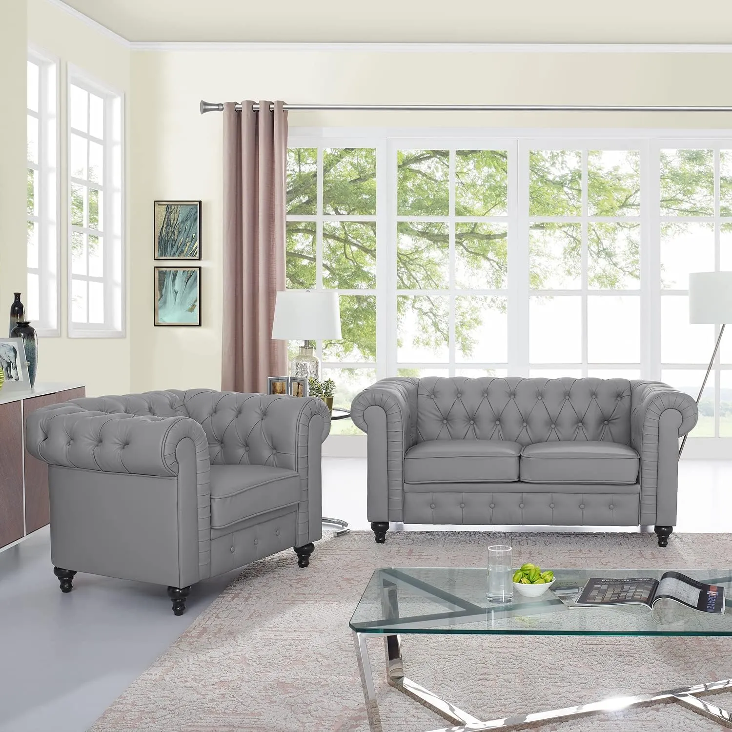 Naomi Home Chesterfield Sofa Set Living Room Chair Juegos Leather Couch Sofa Chair for Bedroom Modern Chesterfield Tufted Leather Sofas for Living Room Loveseat Accent Gray
