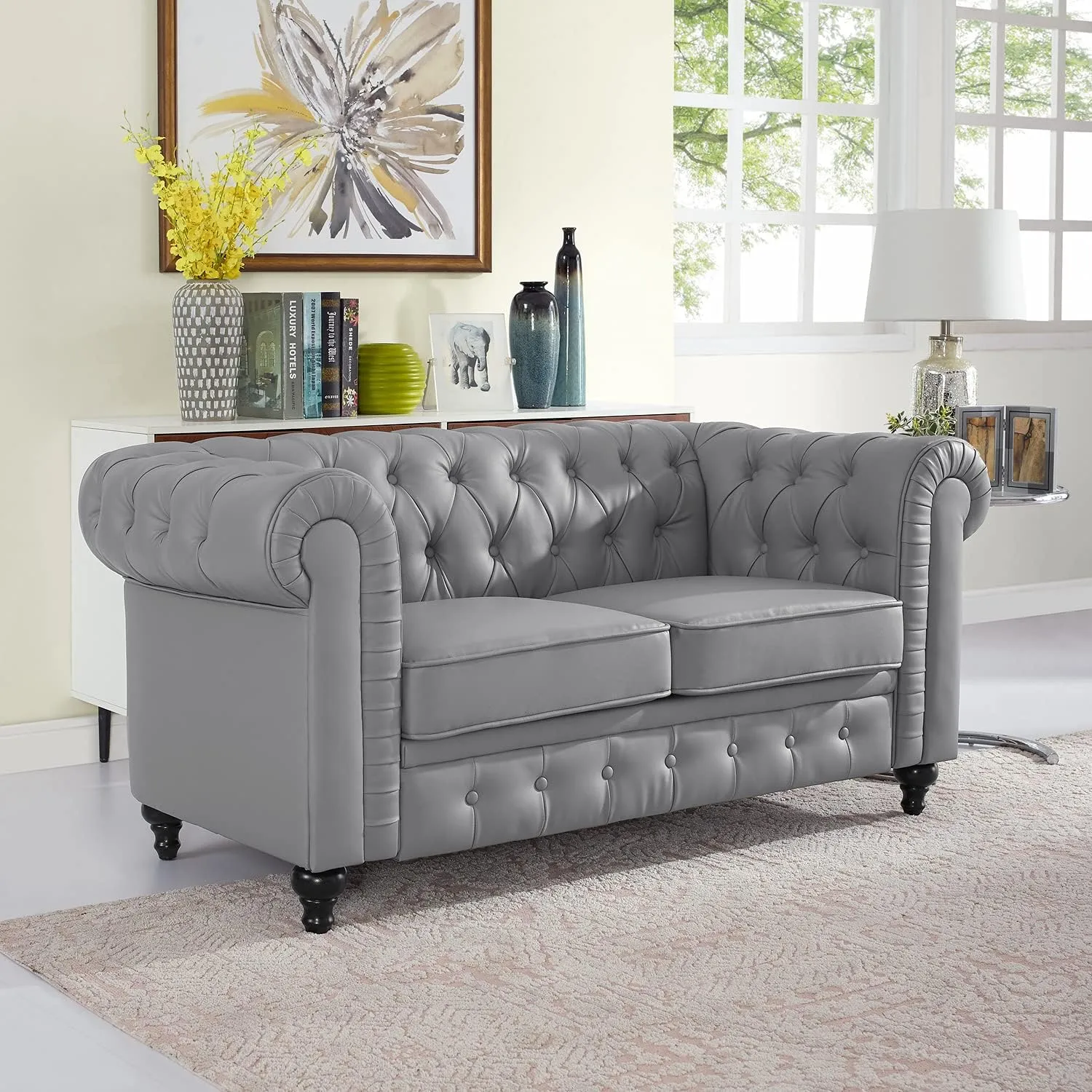 Naomi Home Chesterfield Sofa Set Living Room Chair Juegos Leather Couch Sofa Chair for Bedroom Modern Chesterfield Tufted Leather Sofas for Living Room Loveseat Accent Gray