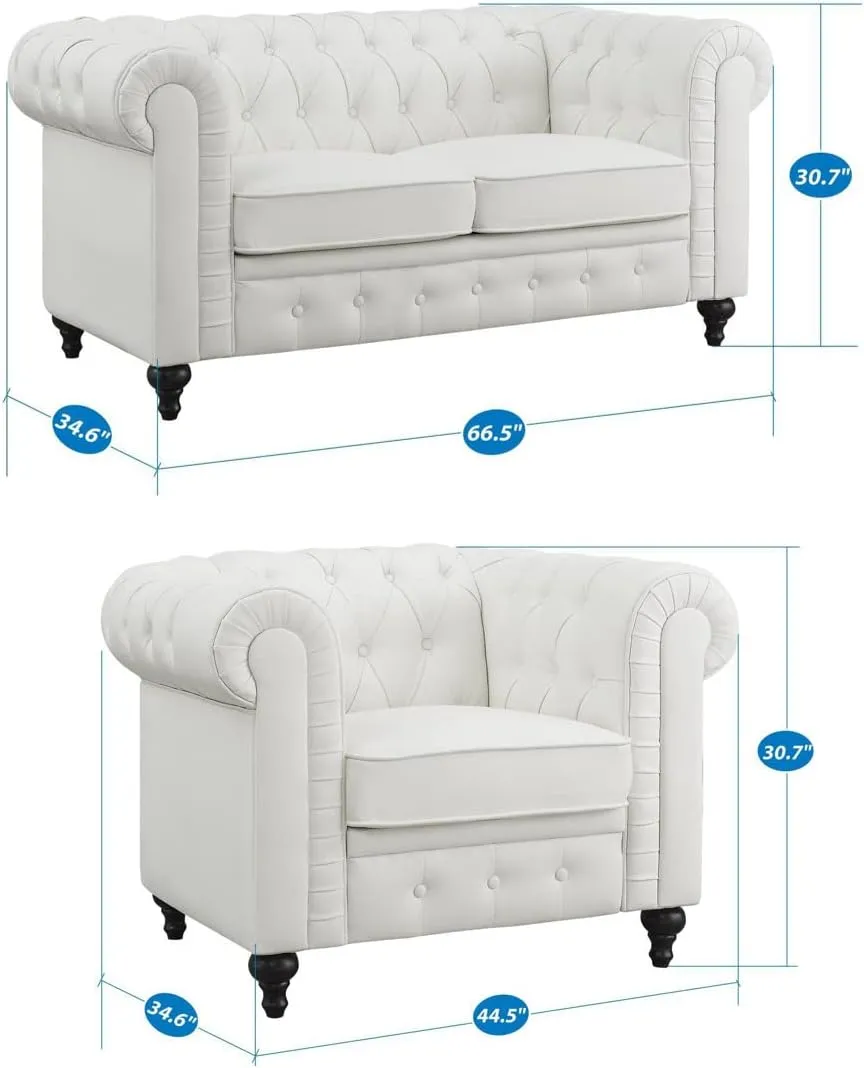 Naomi Home Chesterfield Sofa Set Living Room Chair Juegos Leather Couch Sofa Chair for Bedroom Modern Chesterfield Tufted Leather Sofas for Living Room Loveseat Accent Gray