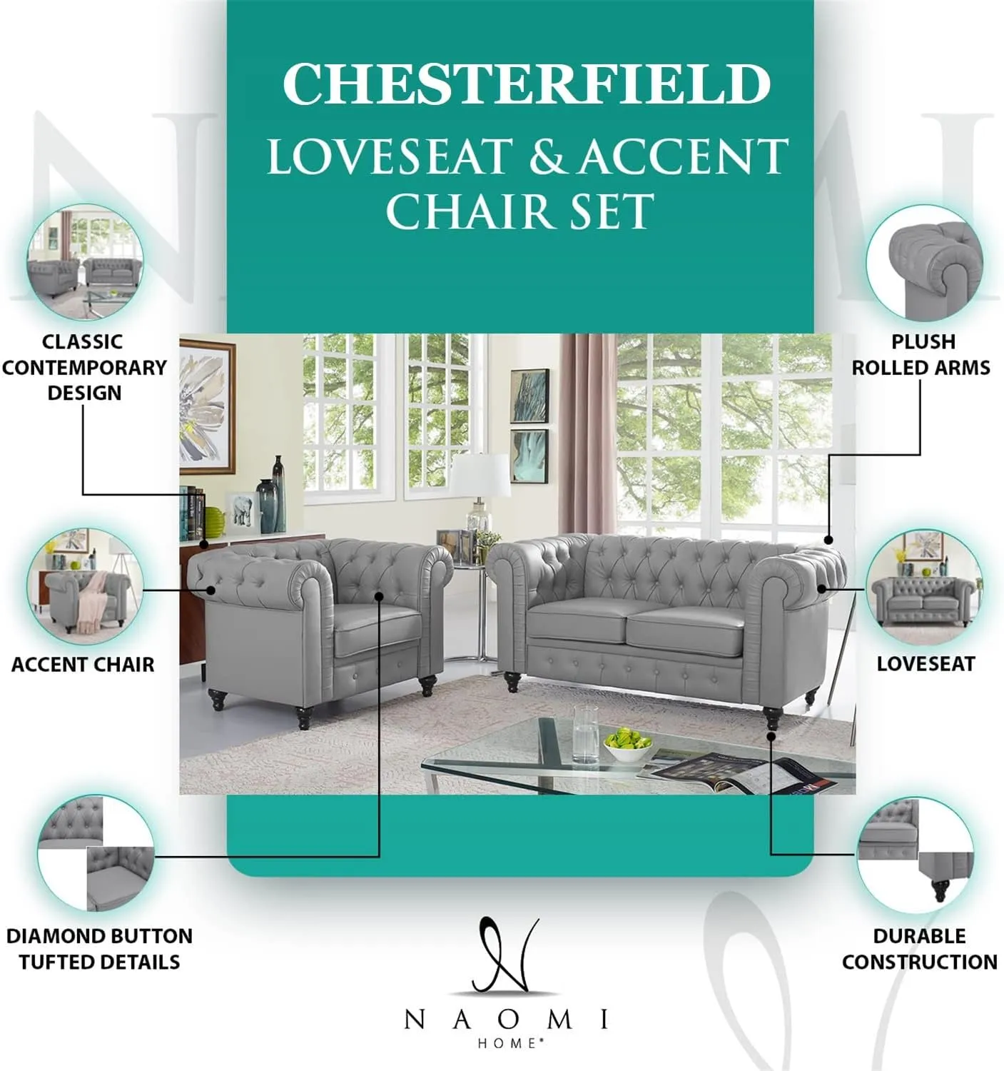 Naomi Home Chesterfield Sofa Set Living Room Chair Juegos Leather Couch Sofa Chair for Bedroom Modern Chesterfield Tufted Leather Sofas for Living Room Loveseat Accent Gray