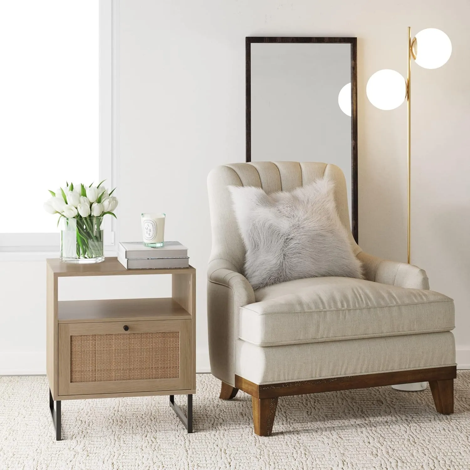 Nathan James Mina Rattan Wood End Side Accent Table Nightstand with Storage for Living Room or Bedroom, 1, Oak/Black