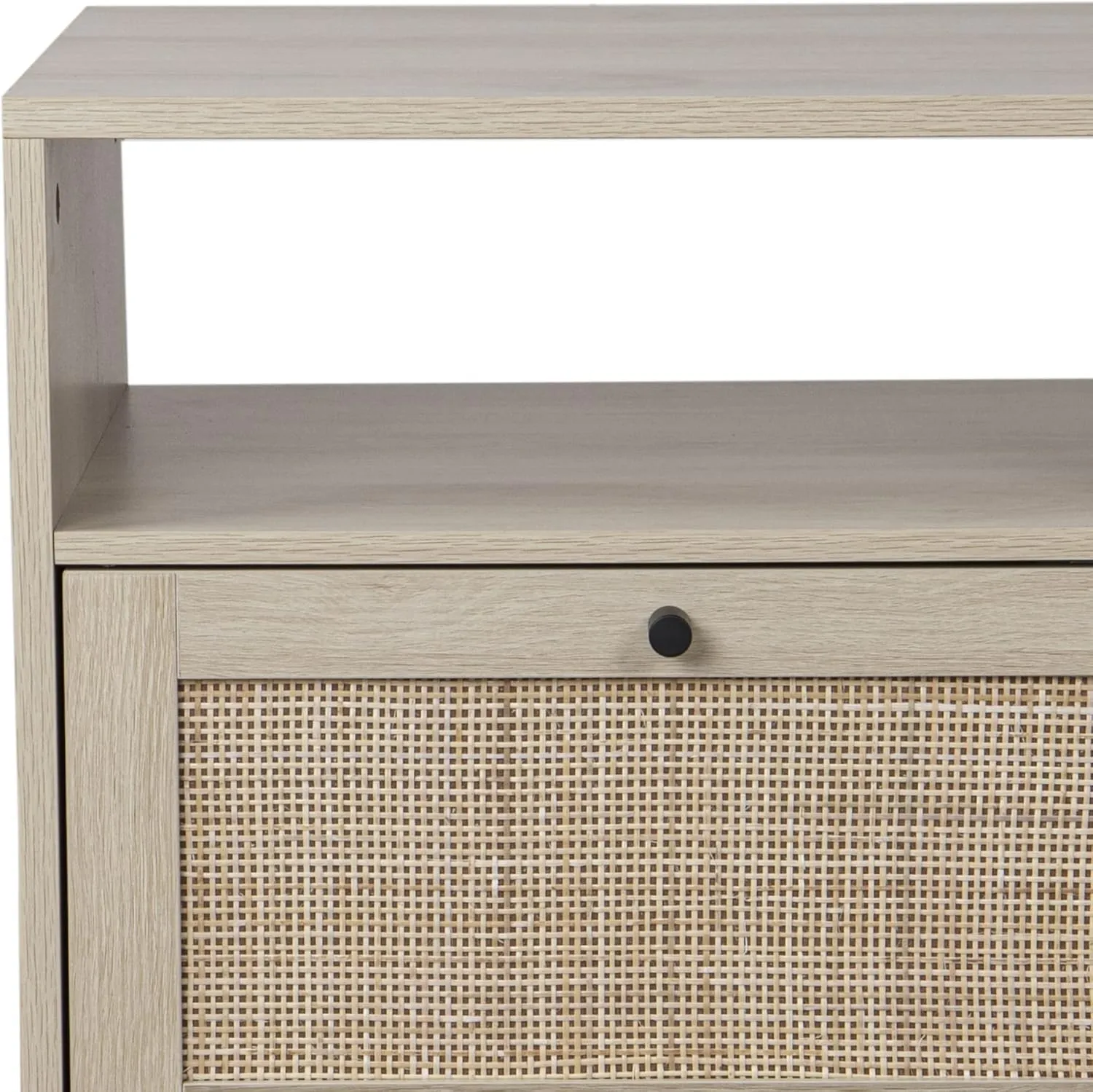Nathan James Mina Rattan Wood End Side Accent Table Nightstand with Storage for Living Room or Bedroom, 1, Oak/Black