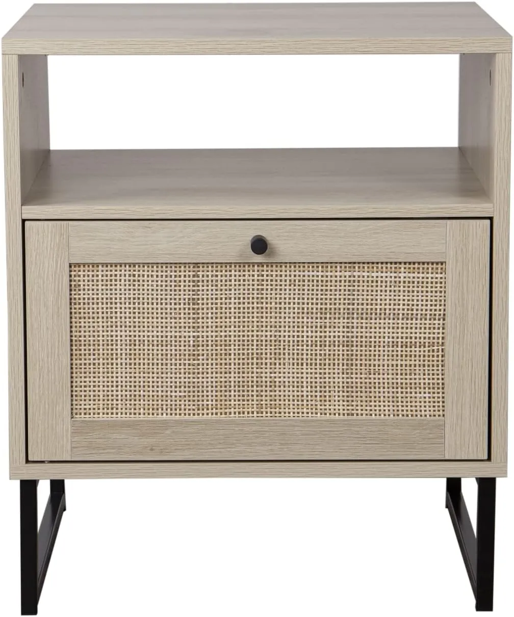 Nathan James Mina Rattan Wood End Side Accent Table Nightstand with Storage for Living Room or Bedroom, 1, Oak/Black