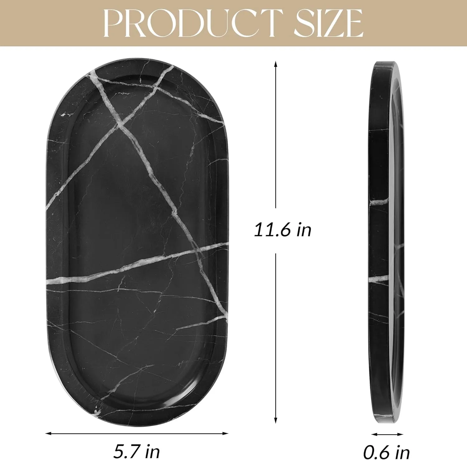Natural Marble Tray 12"x6", Women Perfume Vanity Travertine Tray for Bathroom, Candle, Jewelry Stone Dish for Countertop, Key Organizer, for Home Decor, Kitchen, Black Marquina