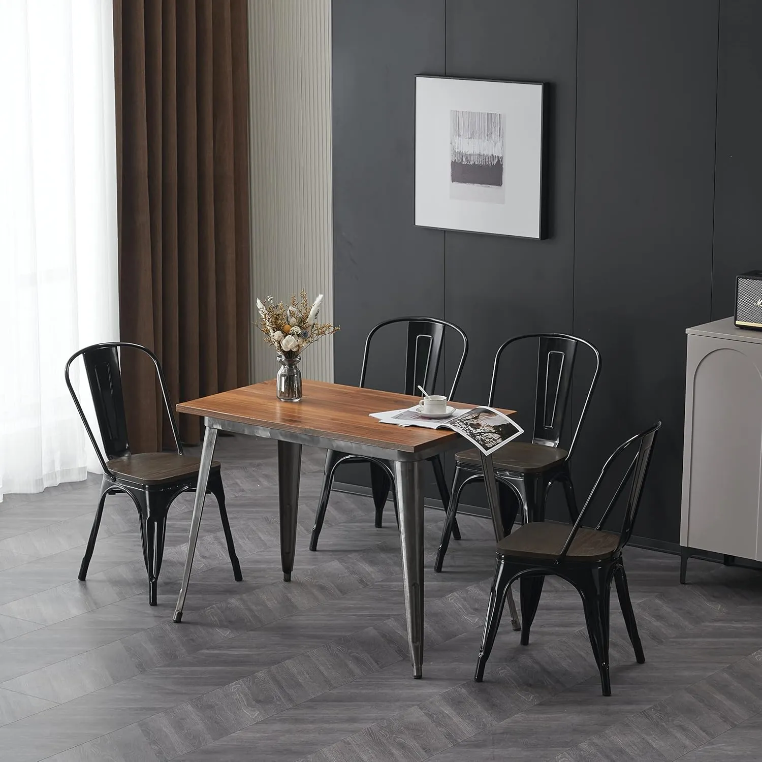 Nazhura Metal Dining Chair Farmhouse Tolix Style for Kitchen Dining Room Café Restaurant Bistro Patio, 18 Inch, Stackable, Waterproof Indoor/Outdoor (Sets of 4) (Black with Wood Padding)
