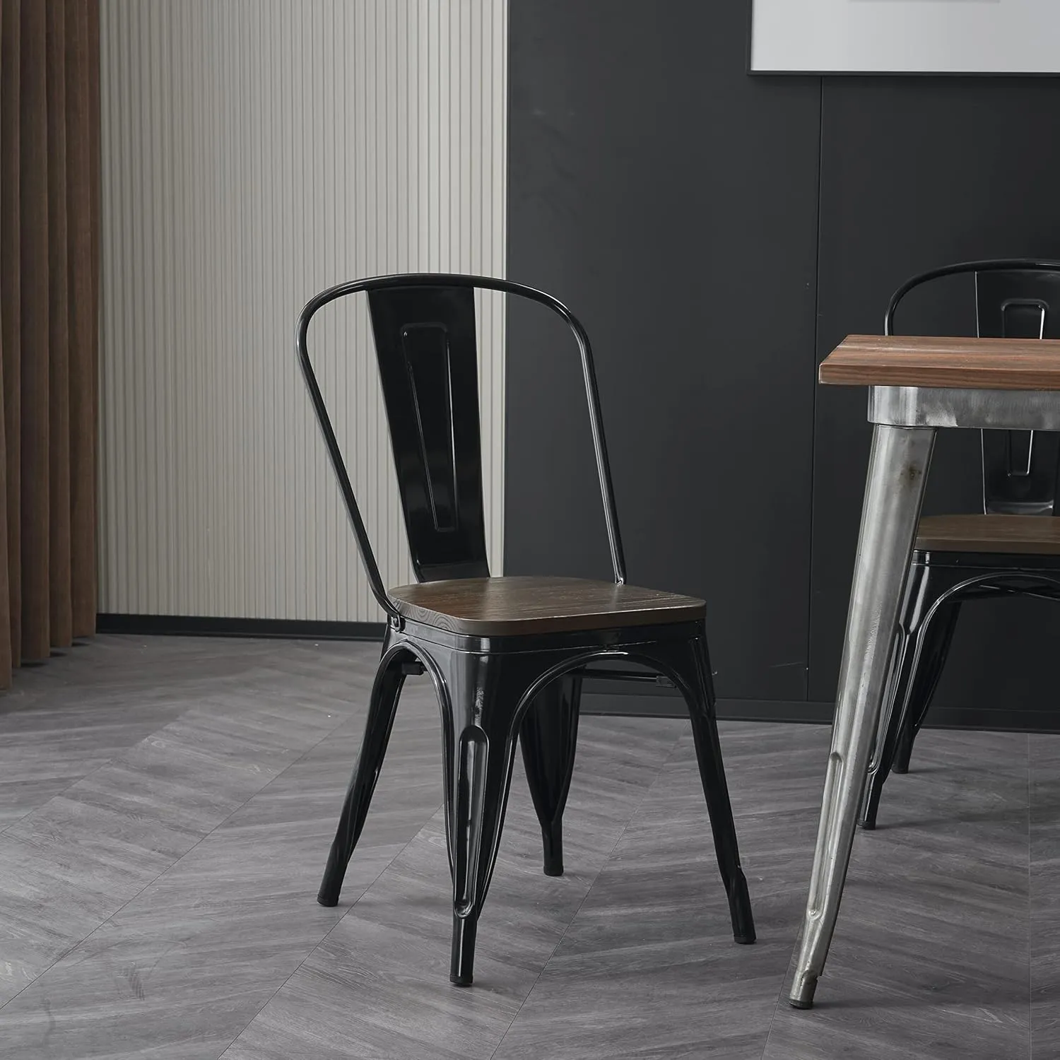 Nazhura Metal Dining Chair Farmhouse Tolix Style for Kitchen Dining Room Café Restaurant Bistro Patio, 18 Inch, Stackable, Waterproof Indoor/Outdoor (Sets of 4) (Black with Wood Padding)
