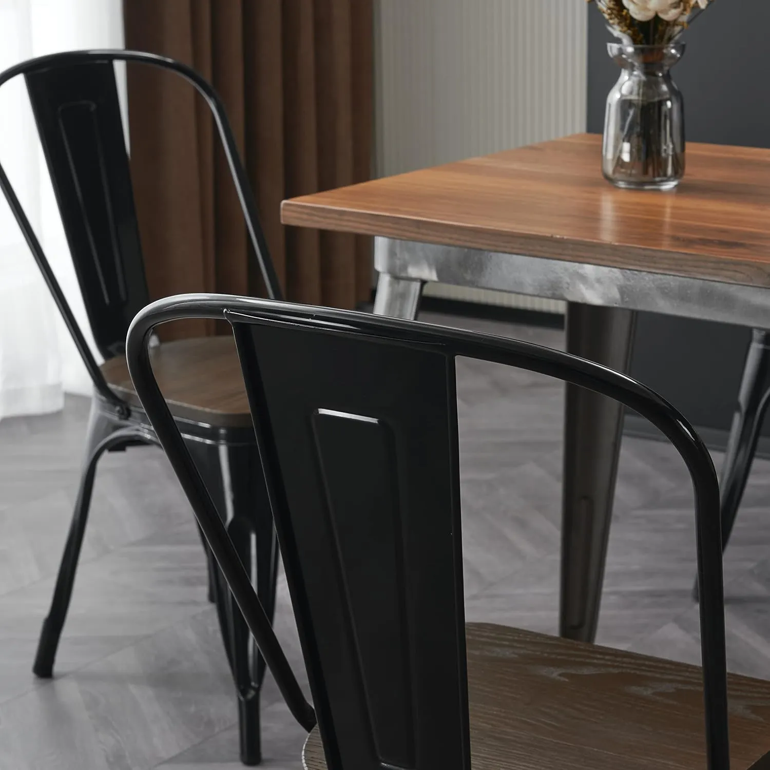 Nazhura Metal Dining Chair Farmhouse Tolix Style for Kitchen Dining Room Café Restaurant Bistro Patio, 18 Inch, Stackable, Waterproof Indoor/Outdoor (Sets of 4) (Black with Wood Padding)
