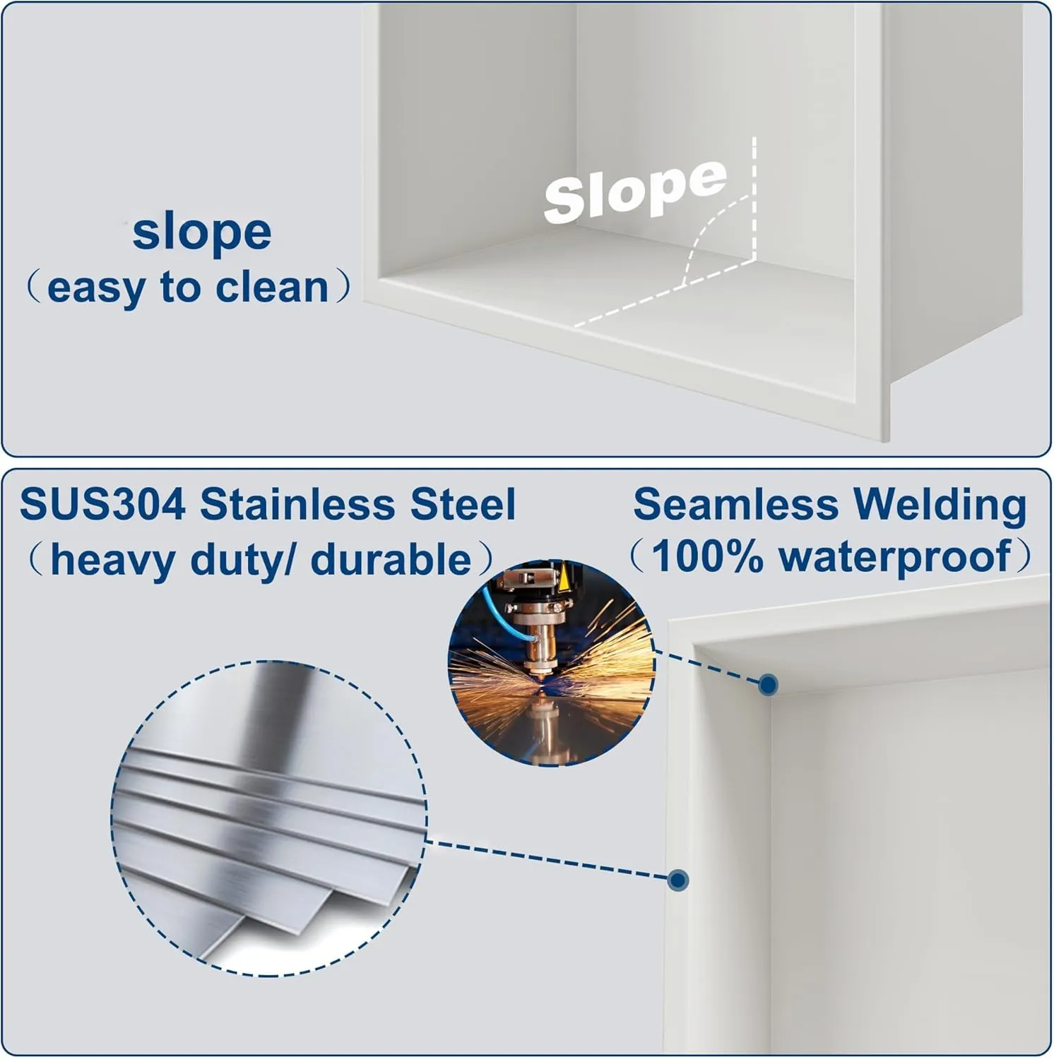 Neodrain White Shower Niche, Insert Storage Shower Shelf (Outside Size 13.1”X13.1“)(Inner Size 12" X 12"), Stainless Steel Wall Niche No Tiled Recessed Niche Shower for Storage