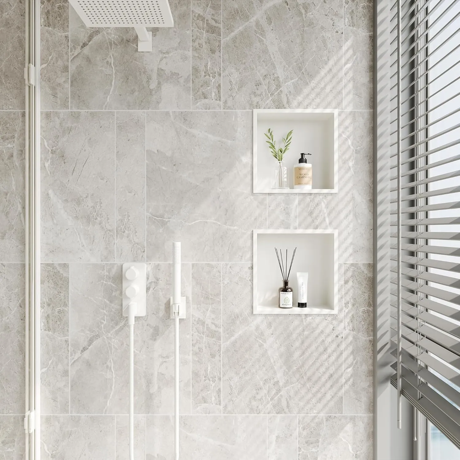 Neodrain White Shower Niche, Insert Storage Shower Shelf (Outside Size 13.1”X13.1“)(Inner Size 12" X 12"), Stainless Steel Wall Niche No Tiled Recessed Niche Shower for Storage
