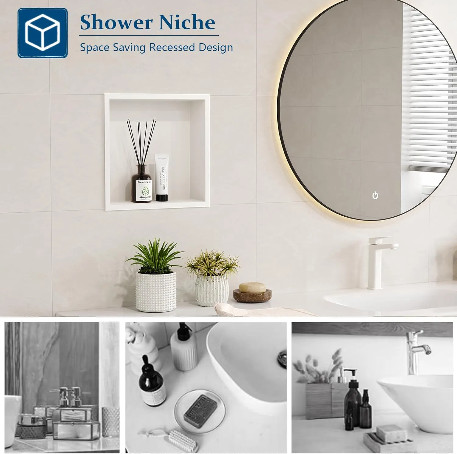 Neodrain White Shower Niche, Insert Storage Shower Shelf (Outside Size 13.1”X13.1“)(Inner Size 12" X 12"), Stainless Steel Wall Niche No Tiled Recessed Niche Shower for Storage
