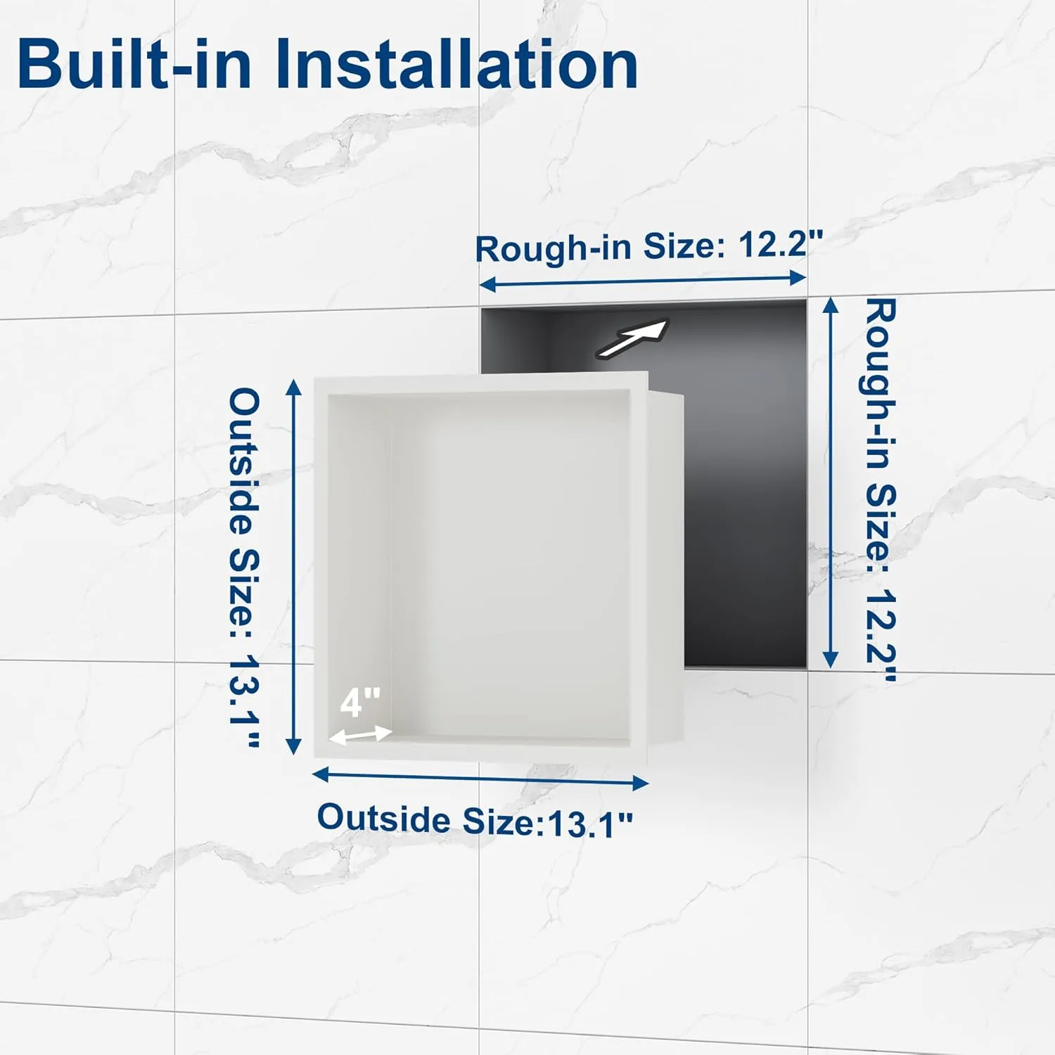 Neodrain White Shower Niche, Insert Storage Shower Shelf (Outside Size 13.1”X13.1“)(Inner Size 12" X 12"), Stainless Steel Wall Niche No Tiled Recessed Niche Shower for Storage