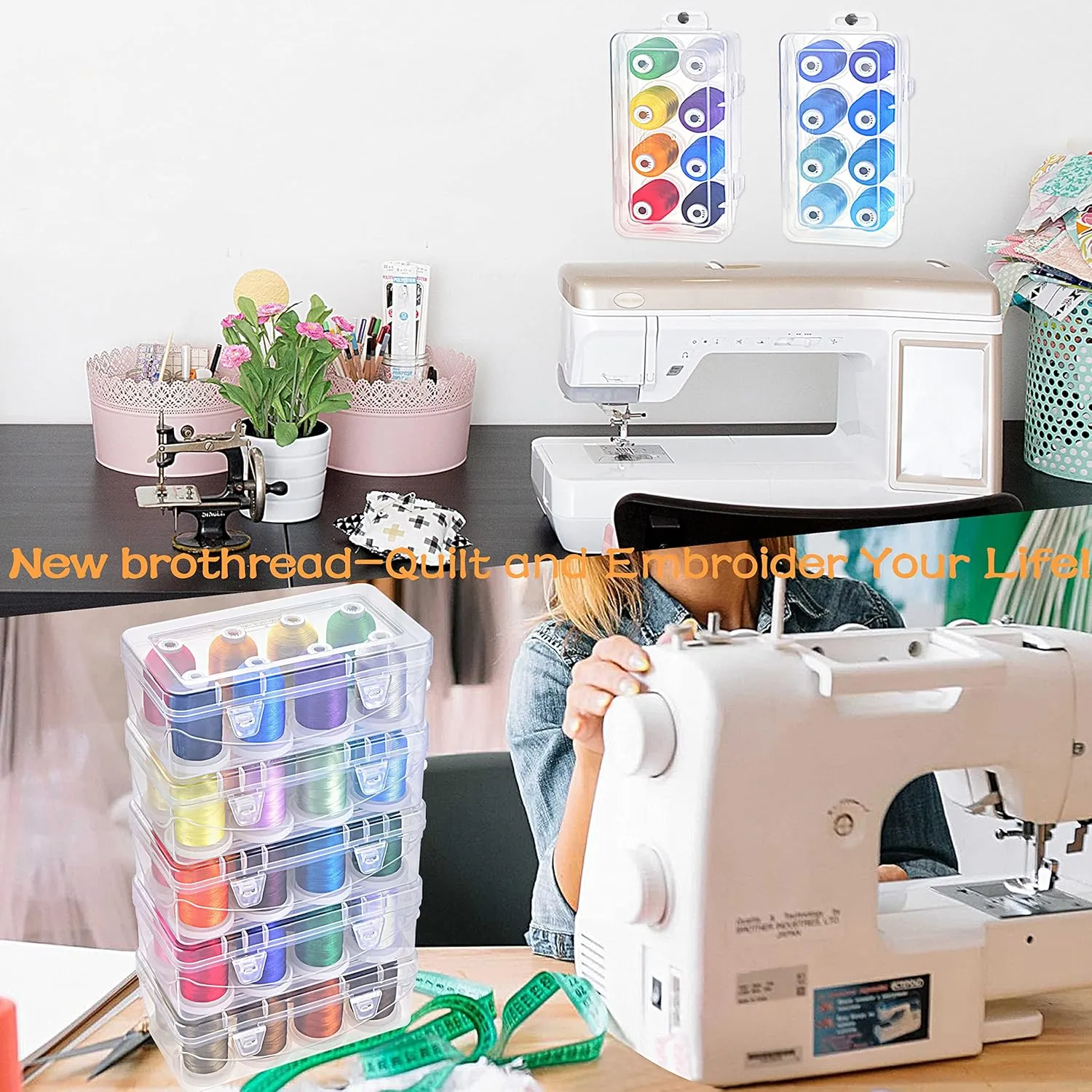 New brothread - 18 Options - Multi-Purpose 100% Mercerized Cotton Thread 50S/3 600M Each Spool for Quilting, Serger, Sewing and Embroidery - 8xVariegated Colors-2 with Clear Plastic Storage Box