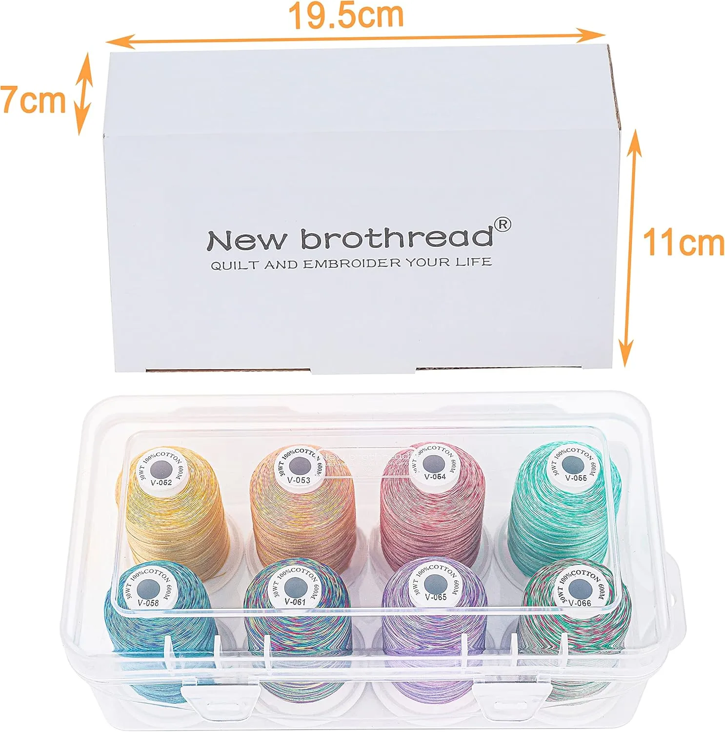 New brothread - 18 Options - Multi-Purpose 100% Mercerized Cotton Thread 50S/3 600M Each Spool for Quilting, Serger, Sewing and Embroidery - 8xVariegated Colors-2 with Clear Plastic Storage Box