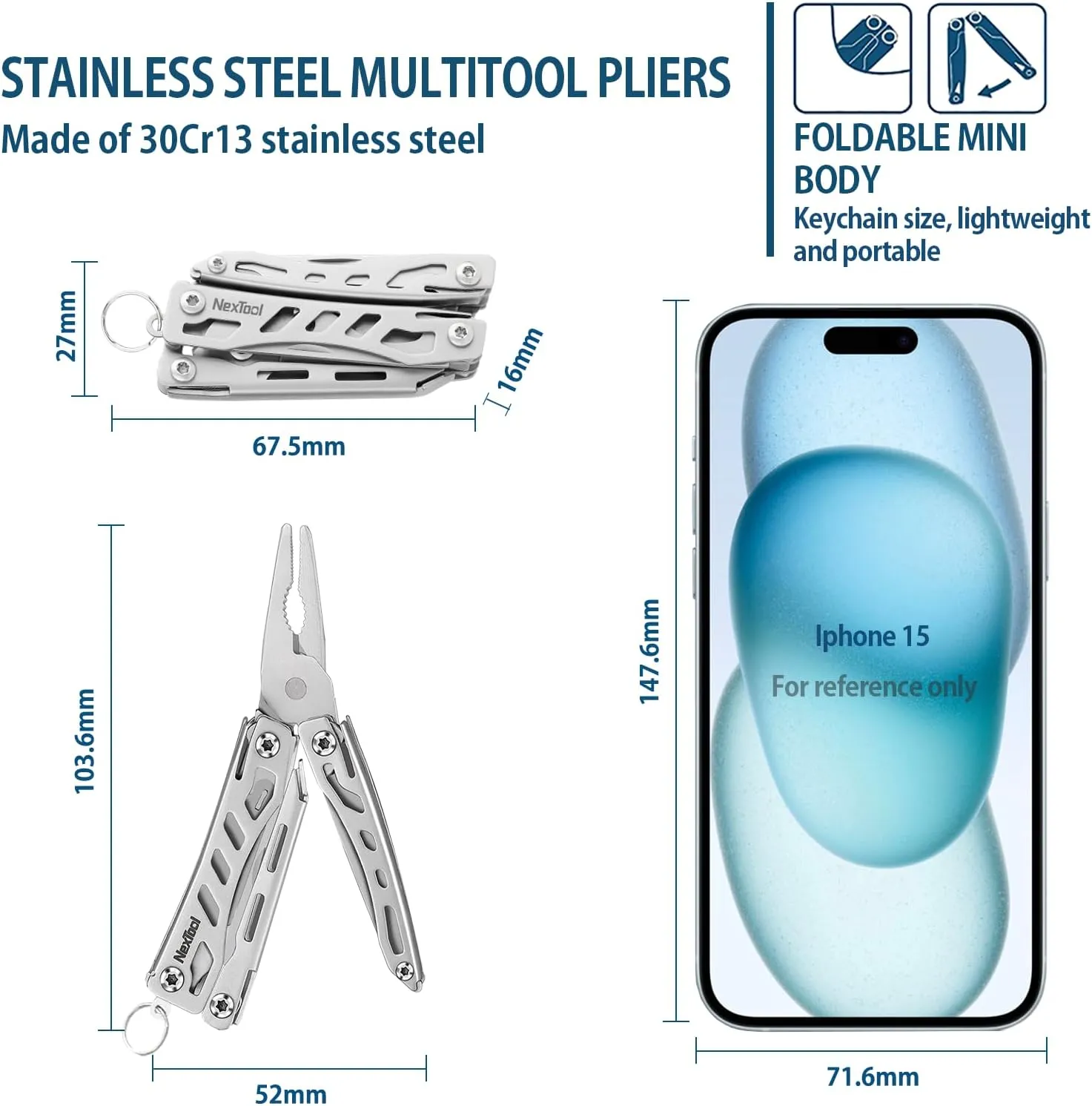 Nextool EDC Keychain Multitool, 10 in 1 Mini Pocket Knife Multi Tool with Needlenose Pliers, Scissors, Mini Useful Cool Gadgets for Men, Father's Day Gifts from Daughter-Sliver