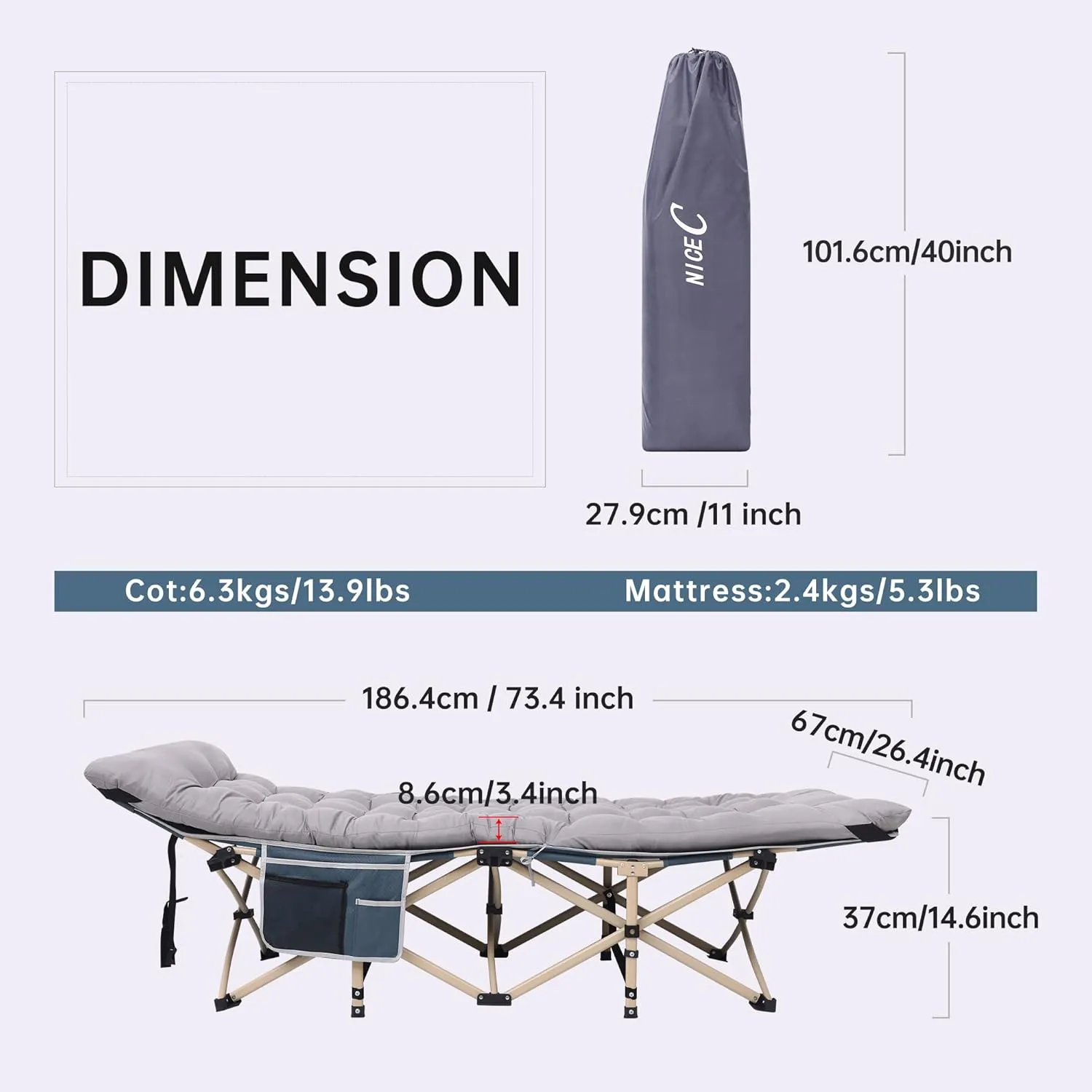 Nice C Heated Cot, Heated Camping Cots, Camping Cots with Mattress, for Adults, Folding Cot, with Pillow, Carry Bag & Storage Pocket, Extra Wide Sturdy, Holds Up to 500 Lbs (1, Heated Mattress Grey)
