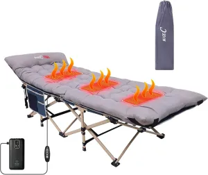 Nice C Heated Cot, Heated Camping Cots, Camping Cots with Mattress, for Adults, Folding Cot, with Pillow, Carry Bag & Storage Pocket, Extra Wide Sturdy, Holds Up to 500 Lbs (1, Heated Mattress Grey)