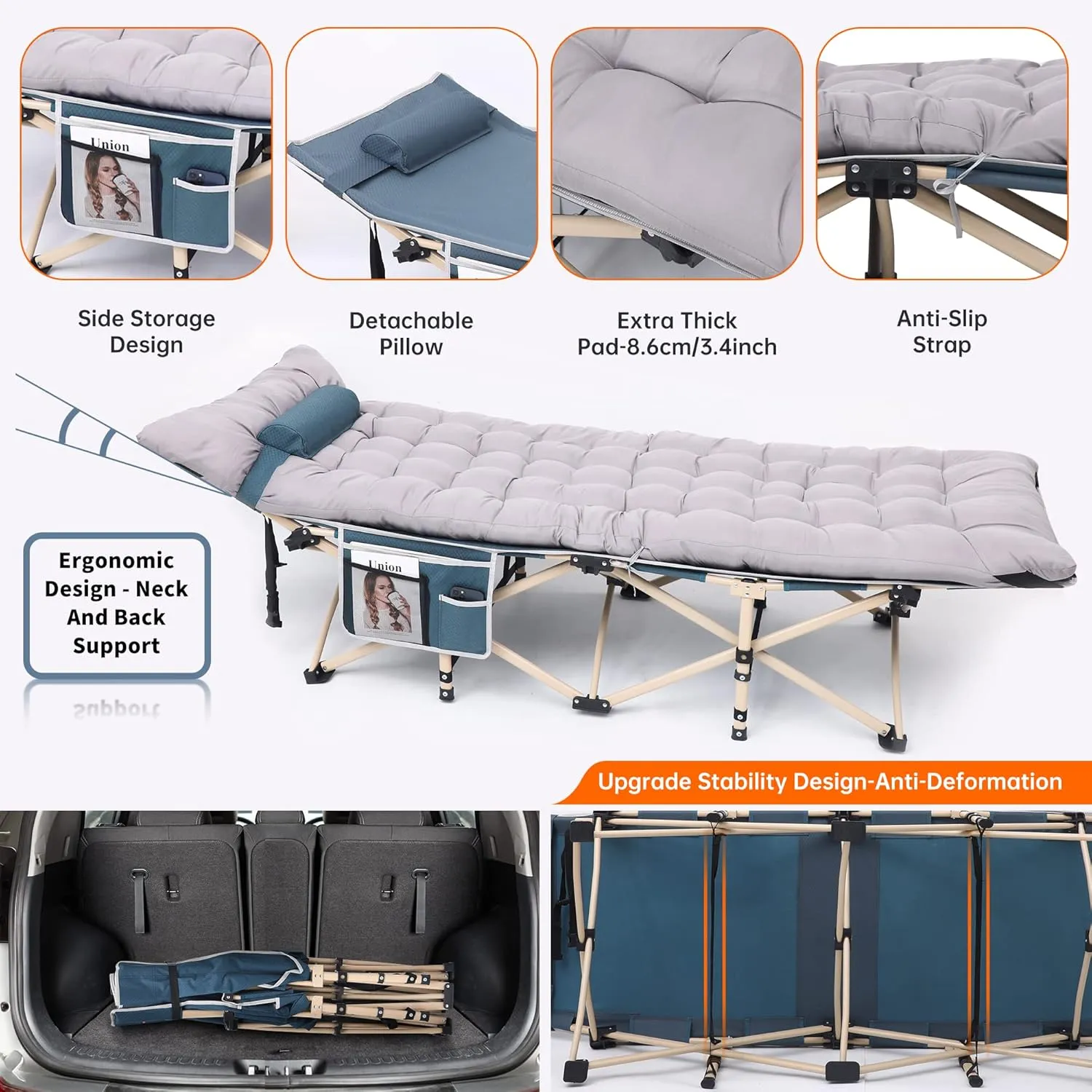 Nice C Heated Cot, Heated Camping Cots, Camping Cots with Mattress, for Adults, Folding Cot, with Pillow, Carry Bag & Storage Pocket, Extra Wide Sturdy, Holds Up to 500 Lbs (1, Heated Mattress Grey)