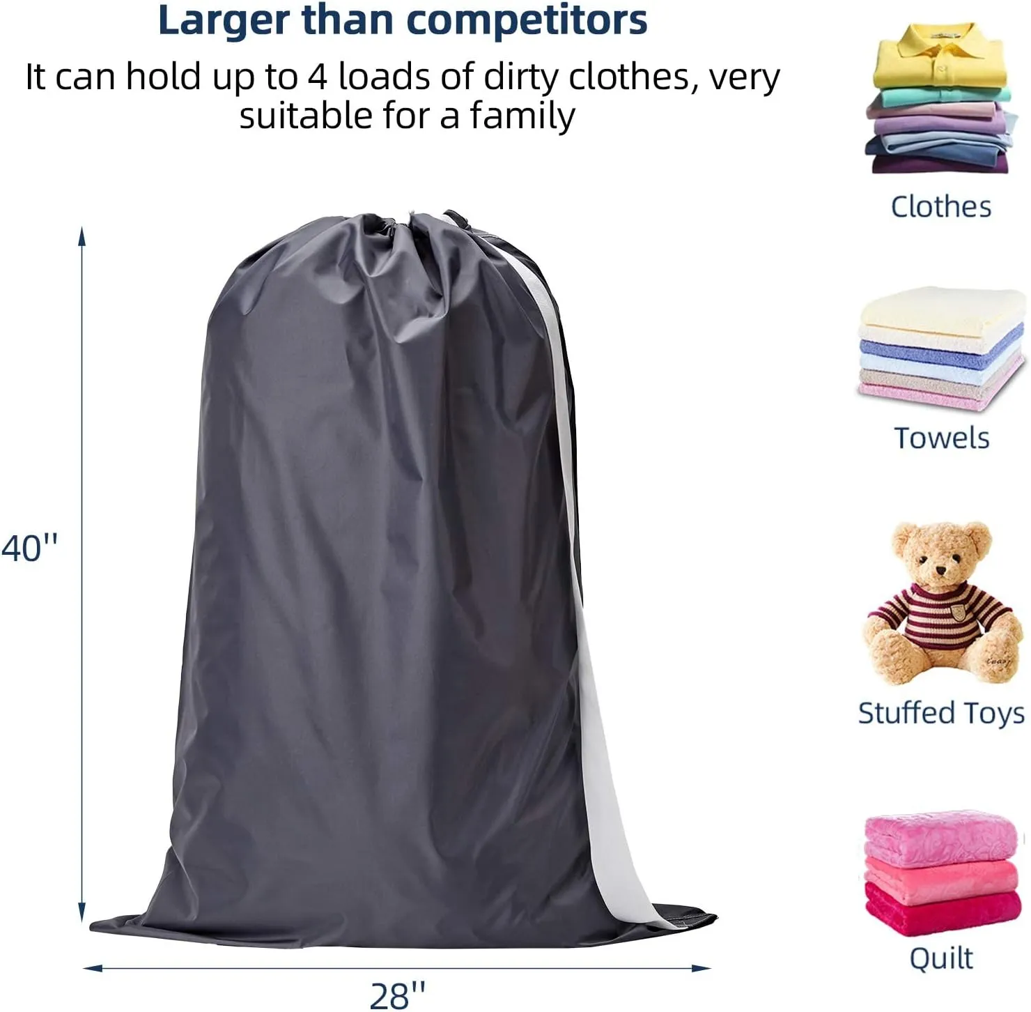 NICOGENA 2 Pack Laundry Bag with Shoulder Strap, Sturdy Drawstring Rips and Tears Resistant Nylon Fabric, Collapsible Large Clothes Storage for College, Grey