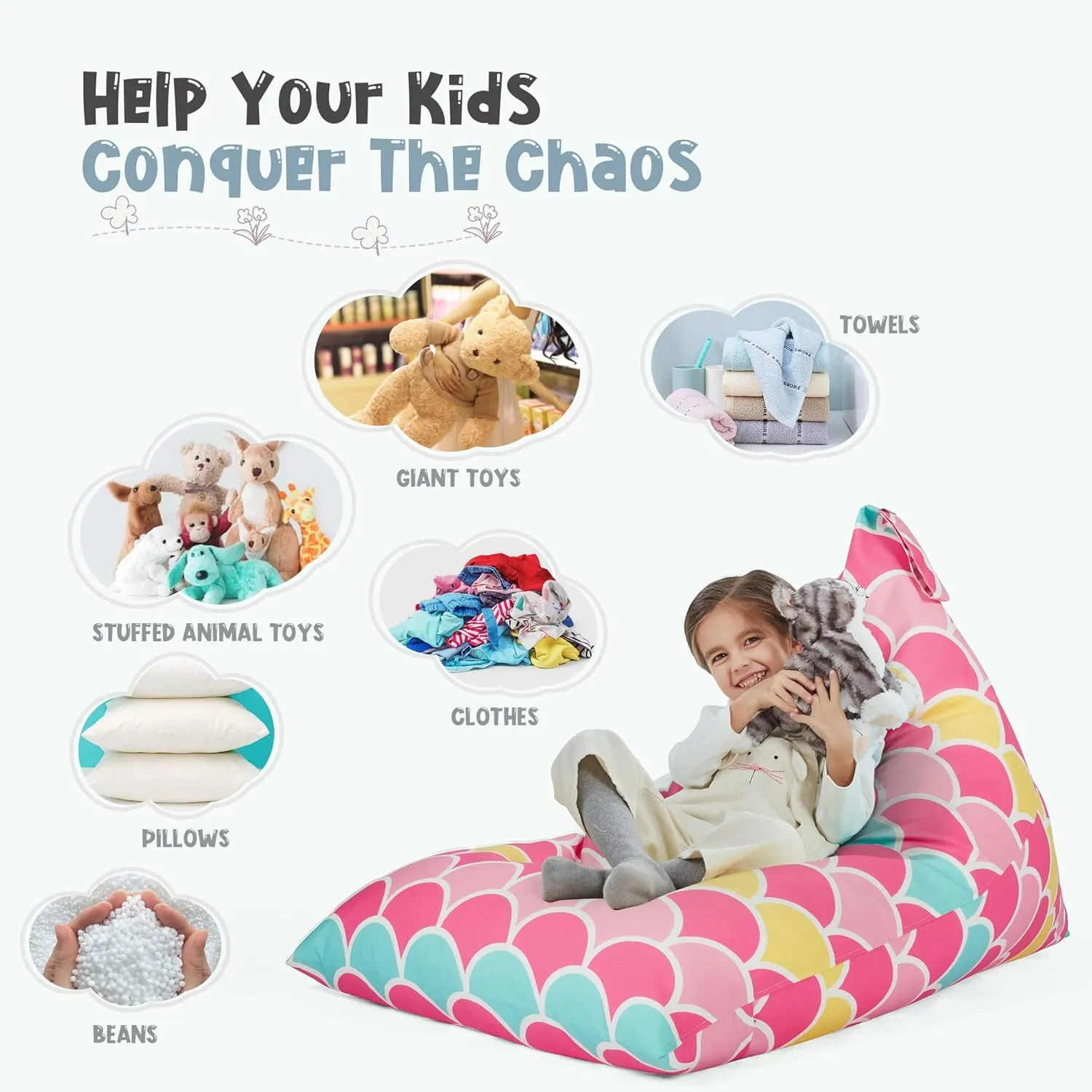 Nobildonna Stuffed Animal Storage Bean Bag Chair Cover for Kids Teens (No Filler) 250L Washable Large Beanbag Cover for Kids' Room Organizing Plush Toys or Home Living Room Textile,Mermaid