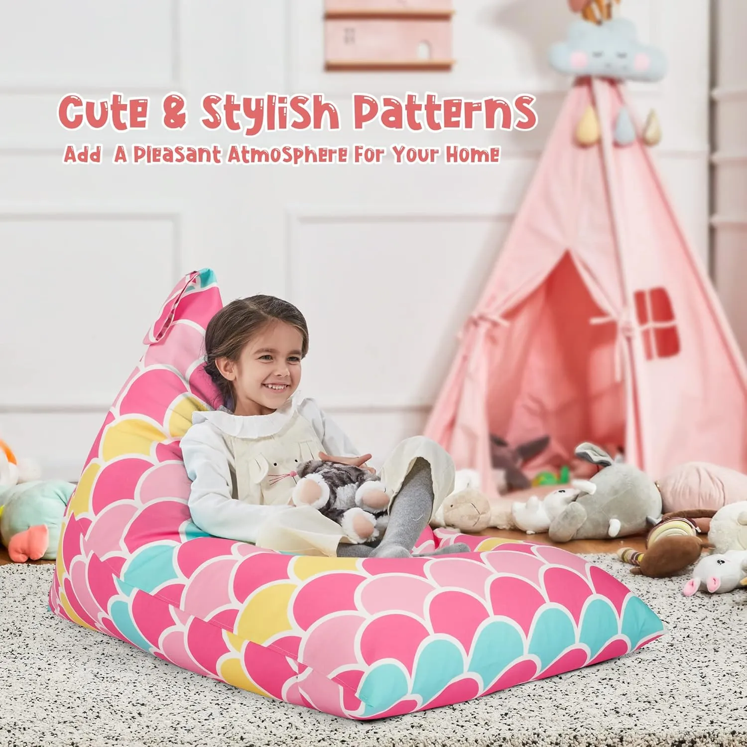 Nobildonna Stuffed Animal Storage Bean Bag Chair Cover for Kids Teens (No Filler) 250L Washable Large Beanbag Cover for Kids' Room Organizing Plush Toys or Home Living Room Textile,Mermaid