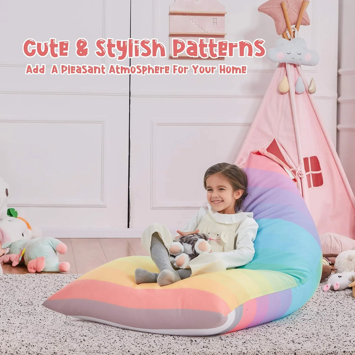 Nobildonna Stuffed Animal Storage Bean Bag Chair Cover for Kids Teens (No Filler) 250L Washable Large Beanbag Cover for Kids Room Organizing Plush Toys or Home Living Room Textile,Rainbow