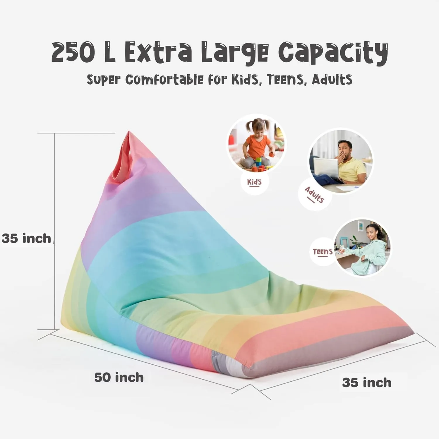 Nobildonna Stuffed Animal Storage Bean Bag Chair Cover for Kids Teens (No Filler) 250L Washable Large Beanbag Cover for Kids Room Organizing Plush Toys or Home Living Room Textile,Rainbow