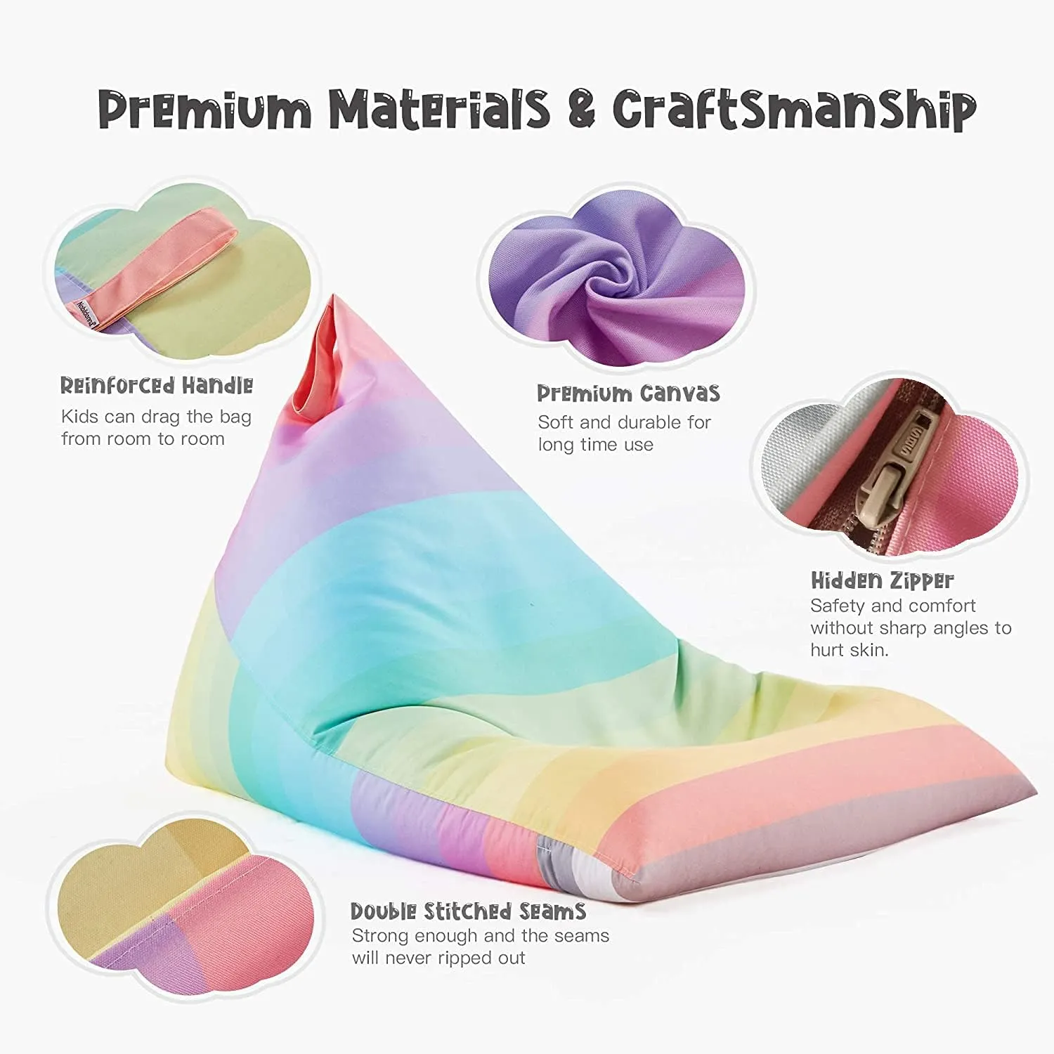 Nobildonna Stuffed Animal Storage Bean Bag Chair Cover for Kids Teens (No Filler) 250L Washable Large Beanbag Cover for Kids Room Organizing Plush Toys or Home Living Room Textile,Rainbow