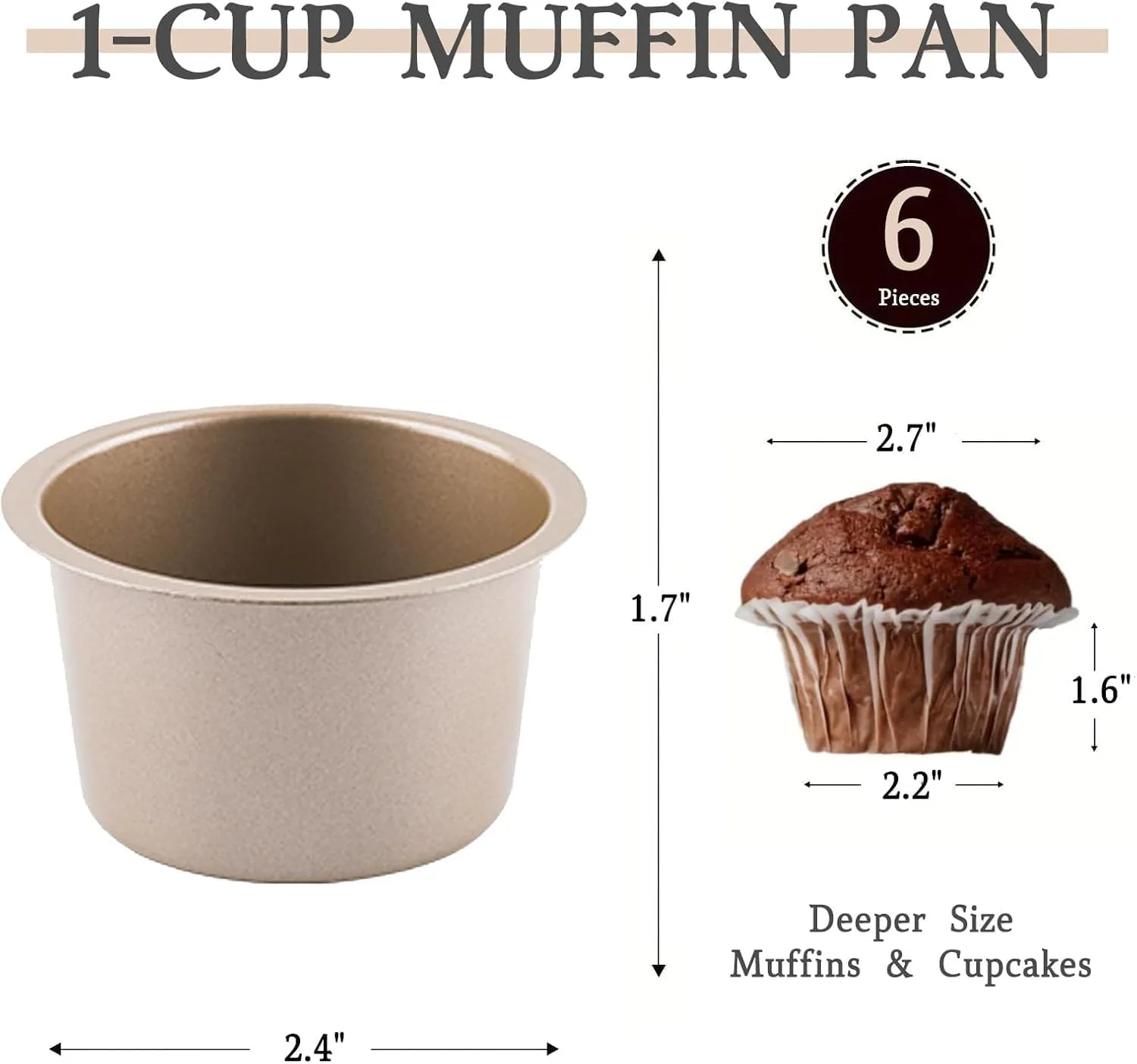 Non-Stick Muffin Pan Set, 6-Cups Golden Stackable Pans for Oven Baking, Heavy Duty Carbon Steel Cupcake Mold - Bake Like a Pro
