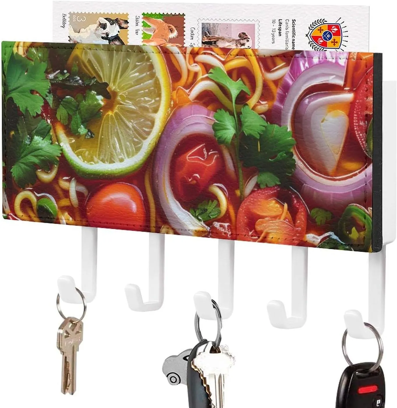 Noodle with Sliced Onion Lime Novelty Key Holder Funny Keys Hook Mail Organizer Hanging Rack Decor with 5 Hooks for Wall