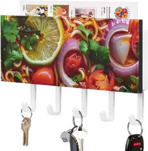 Noodle with Sliced Onion Lime Novelty Key Holder Funny Keys Hook Mail Organizer Hanging Rack Decor with 5 Hooks for Wall